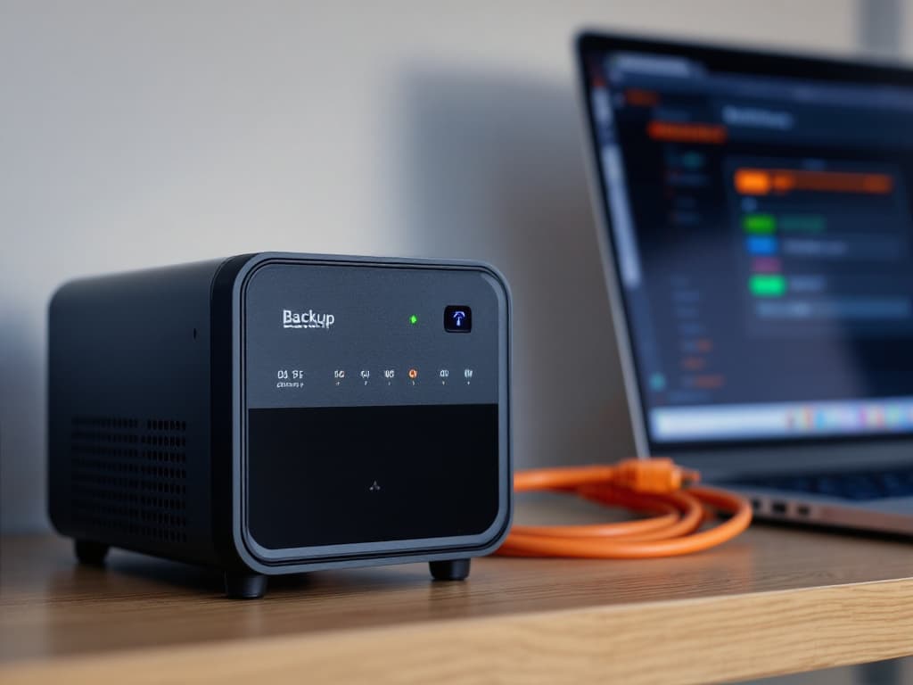 A backup storage device with status lights and an orange network cable on an office shelf, a laptop beside it