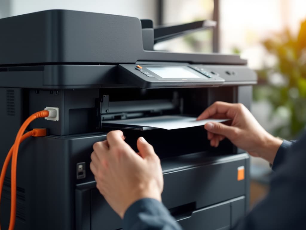 A technician's hands clearing paper from an open office printer, an orange cable plugged into its side