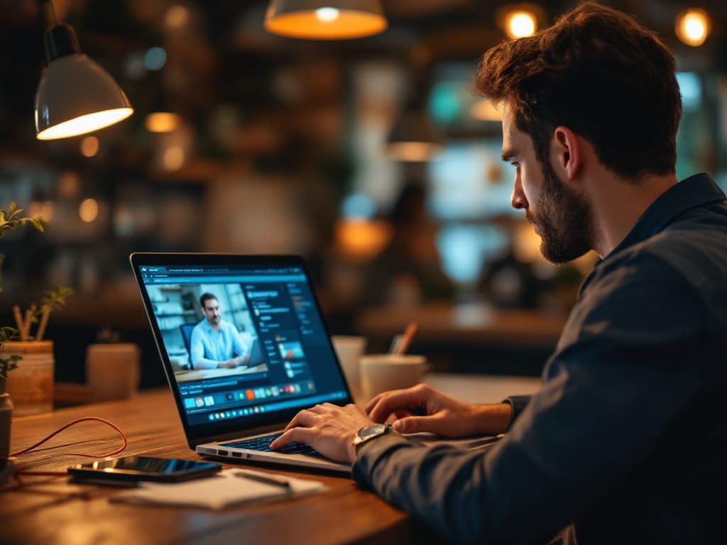 A business owner at a laptop in a warmly lit office during a remote support session