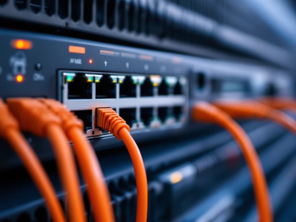 Orange network cables plugged into a firewall appliance with small amber status lights